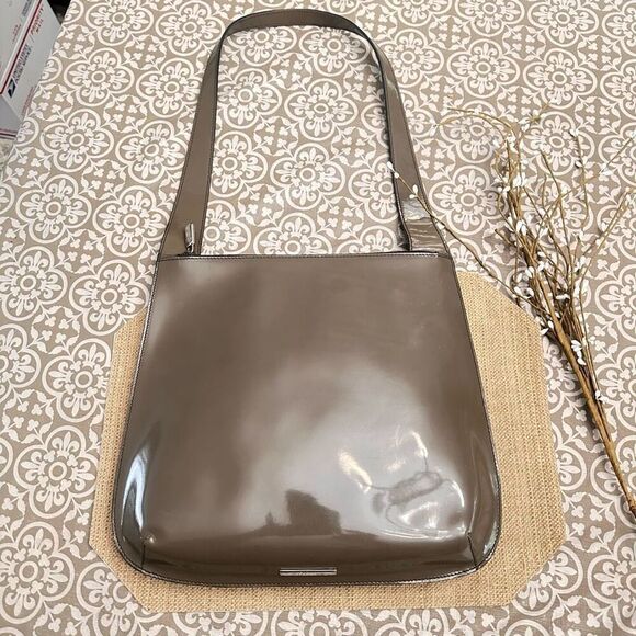 Furla Vintage Taupe Shiny‎  Patent Leather Slim Zip Top Shoulder Bag - Picture 1 of 14